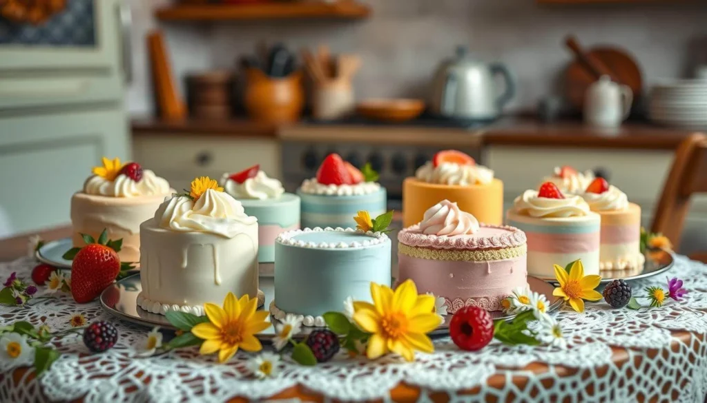 Elegant Display of Baby Cakes with Pastel Colors and Fresh Garnishes