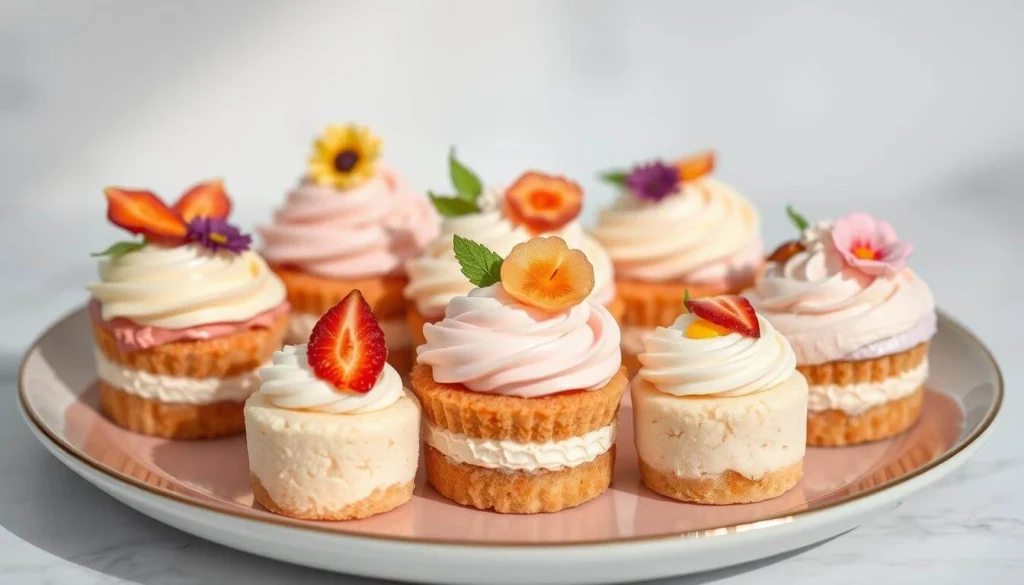 Delicately Decorated Baby Cakes with Edible Flowers and Fruit Slices