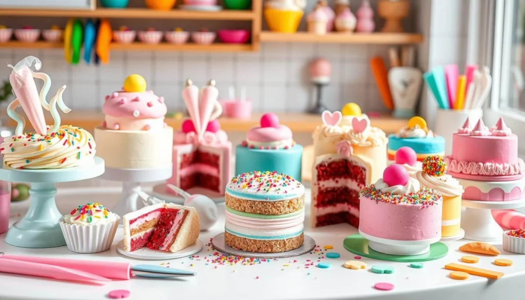 Colorful Miniature Baby Cakes with Decorating Tools and Playful Bakery Setup