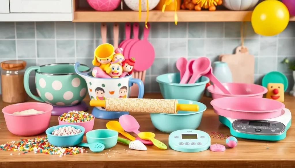 A colorful kitchen countertop featuring Cocomelon-themed baking tools like a mixing bowl, measuring cups, rolling pin, spatulas, cake pans, and a digital scale, surrounded by sprinkles, fondant Cocomelon characters, and festive decorations.