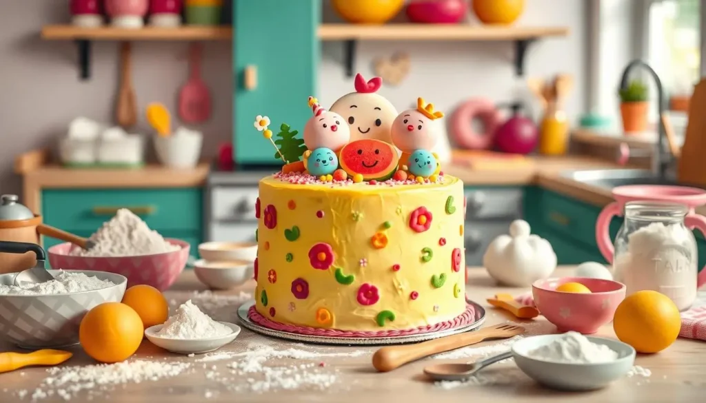 A vibrant Cocomelon-themed cake surrounded by baking ingredients like flour, eggs, and sugar, with whimsical decorations and baking tools such as mixing bowls, spatulas, and measuring cups, creating a playful, joyful kitchen scene.