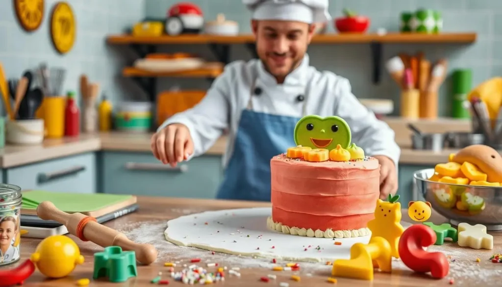 A chef prepares colorful fondant for a Cocomelon-themed cake, with vibrant green, yellow, and red fondant, rolling pins, and cookie cutters shaped like fruits and cartoon characters, surrounded by baking tools and sprinkles in a playful kitchen setting.