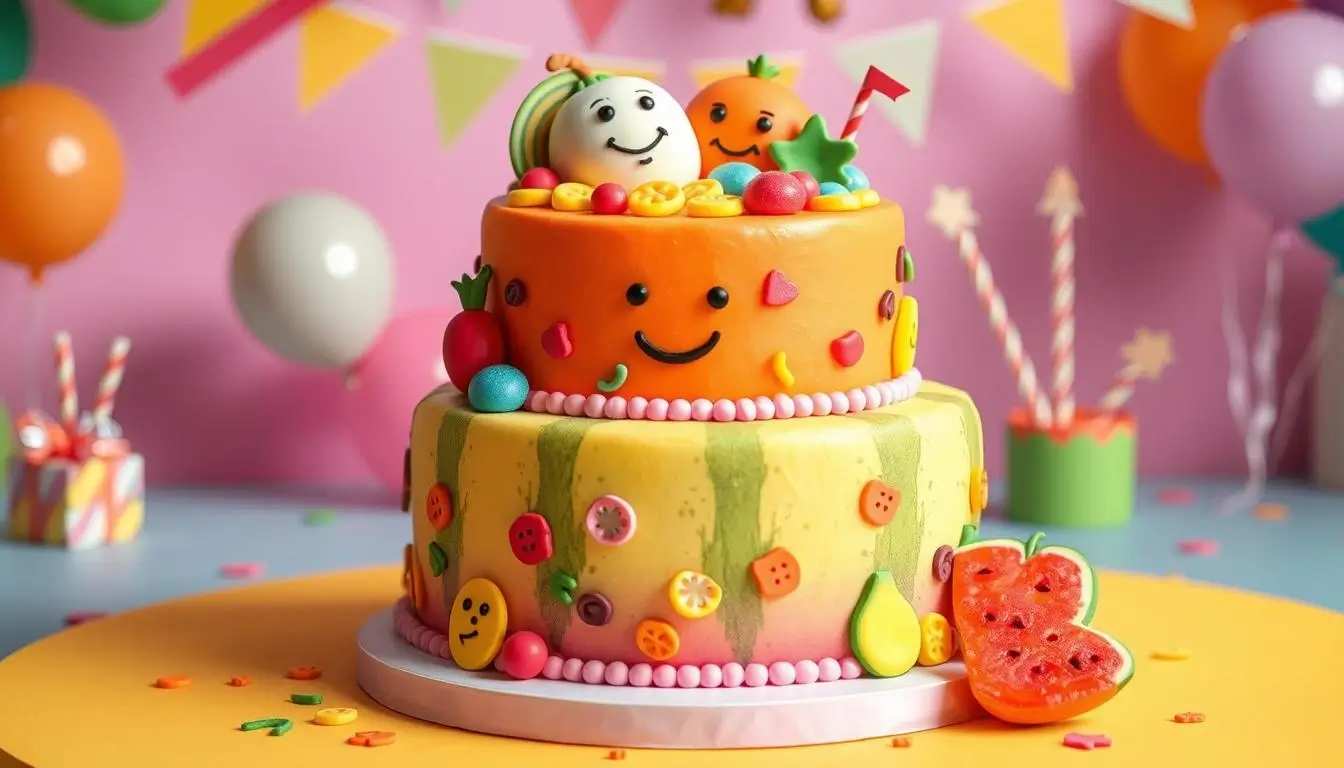 A colorful two-tiered Cocomelon cake decorated with fondant fruits, smiling characters, and musical notes, set against a fun backdrop of balloons and party decorations, perfect for a children's celebration.