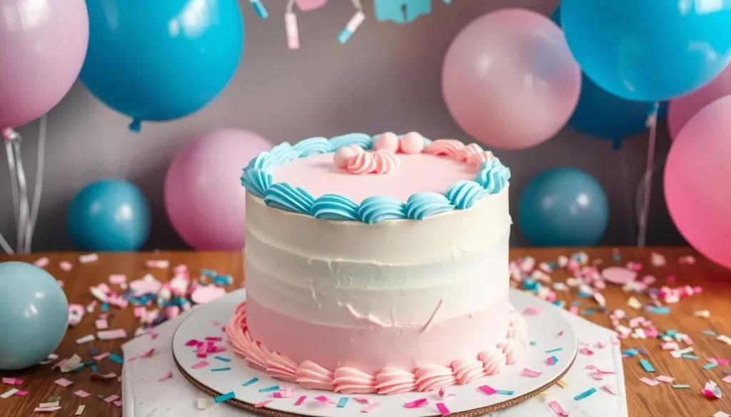 Gender reveal cake with pastel blue and pink frosting, surrounded by blue and pink balloons, confetti, and a joyful table setting.