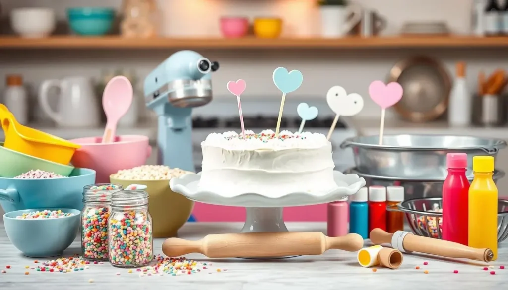 Baking station with mixing bowls, measuring cups, whisk, spatula, rolling pin, cake pans, pastel sprinkles, food coloring, and gender symbol cake toppers in a cozy kitchen setting.