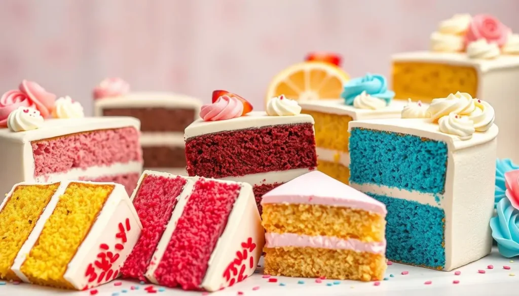 Assorted cake slices in vanilla, chocolate, red velvet, and lemon with pink and blue fillings, surrounded by sprinkles, fruits, and floral designs in a pastel-themed setting.