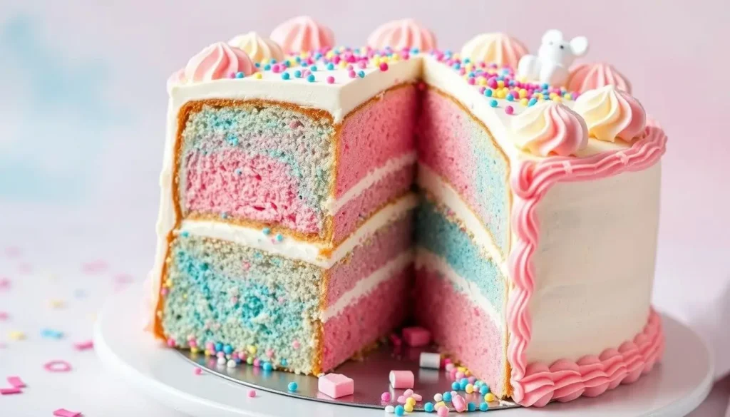 Close-up of a gender reveal cake slice with vibrant pink or blue filling, showcasing layers of colored cream, sprinkles, and playful baby-themed decorations, with confetti in the background.