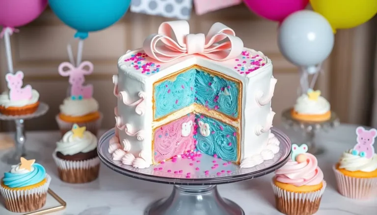 Gender reveal cake with pink and blue layers, delicate frosting swirls, edible confetti, playful bow, baby-themed cupcakes, and colorful balloons on a dessert table.