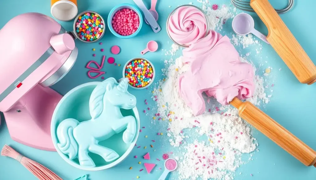 Colorful unicorn cake baking scene with pastel tools, sprinkles, and frosting.