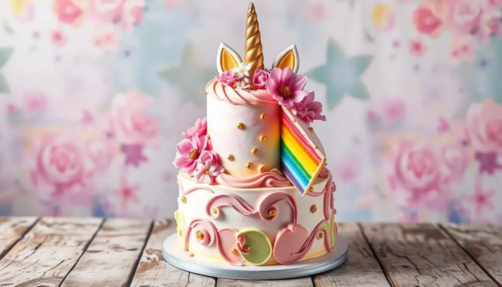 Whimsical multi-tiered unicorn birthday cake with pastel swirls, gold accents, and rainbow layers.