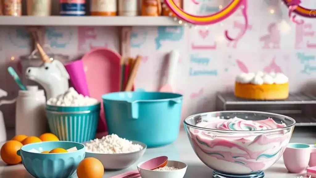 Colorful kitchen scene with unicorn cake ingredients, pastel batter, and whimsical tools.