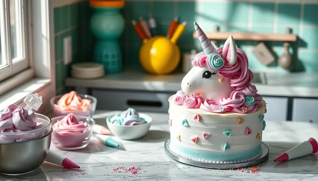 Whimsical unicorn cake decorated with pastel buttercream, sprinkles, and edible glitter on a marble countertop.