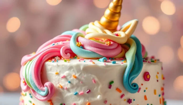 Whimsical unicorn cake with pastel colors, golden horn, and rainbow frosting.