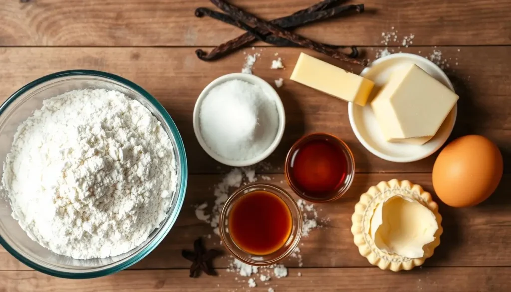 Flat lay of vanilla wafer cookie ingredients: flour, sugar, butter, vanilla extract, cracked egg, vanilla beans, and a dusting of flour on a rustic wooden table.