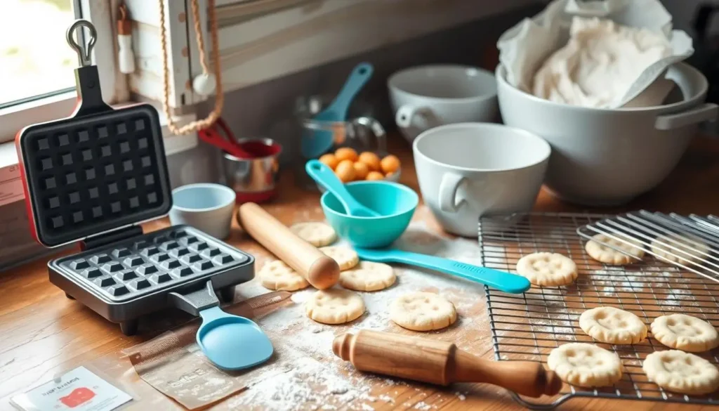 Essential baking tools for wafer cookies: waffle iron, measuring cups, rolling pin, spatula, mixing bowls, and cooling rack on a rustic wooden countertop.