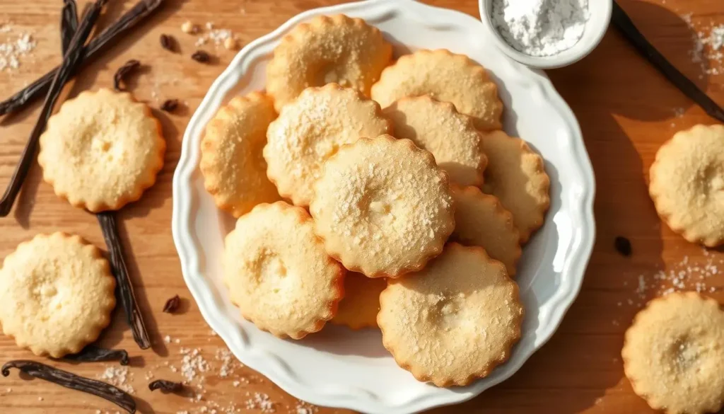 Plate of homemade vanilla wafer cookies with golden-brown color and delicate texture, surrounded by vanilla beans and powdered sugar, illuminated by warm natural light.