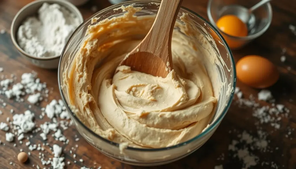 Close-up of creamy vanilla wafer cookie dough in a mixing bowl, with a wooden spoon, surrounded by scattered flour, sugar, and eggs on a rustic countertop.