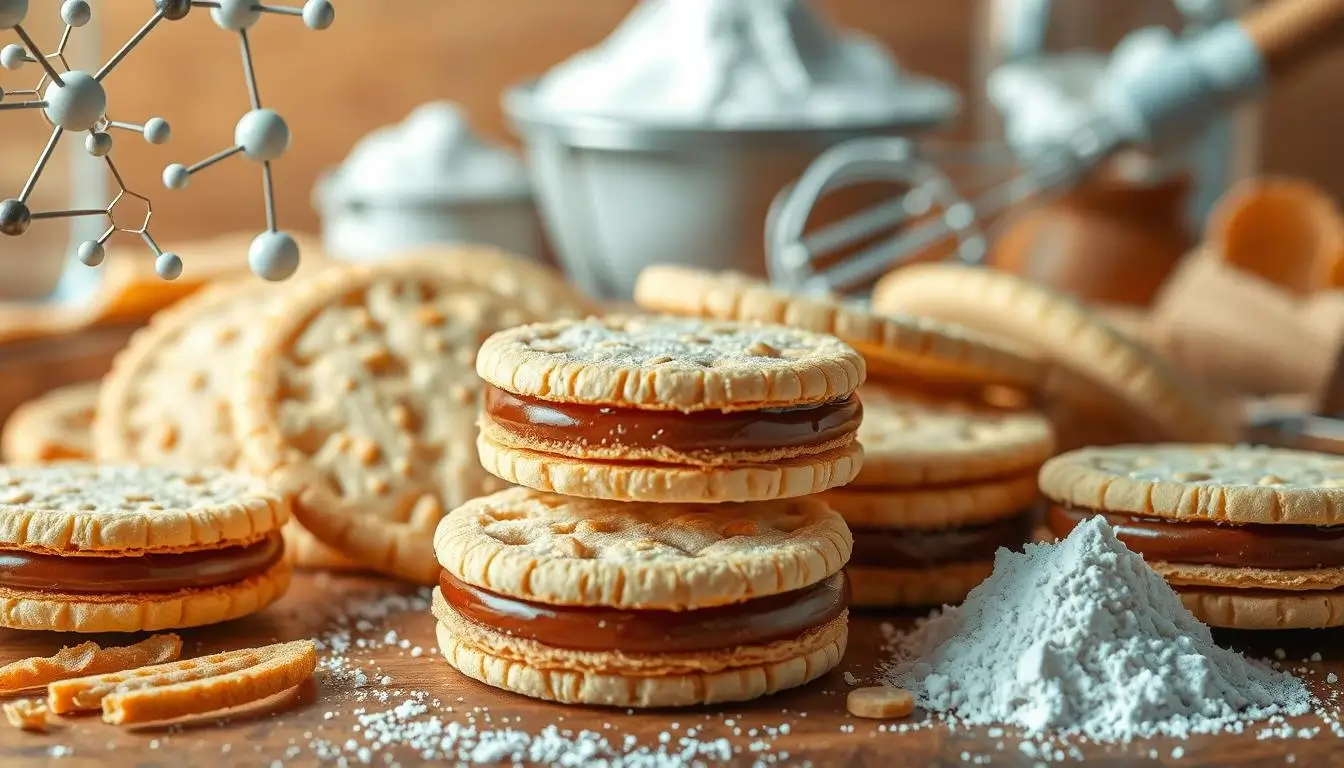 Close-up of wafer cookies with layers of crispy texture and rich filling, surrounded by scientific elements like molecular structures, flour, sugar particles, a whisk, and baking tools on a wooden countertop.