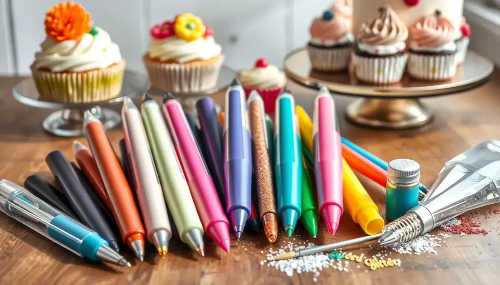 Colorful Cake Decorating Tools with Beautifully Decorated Cakes