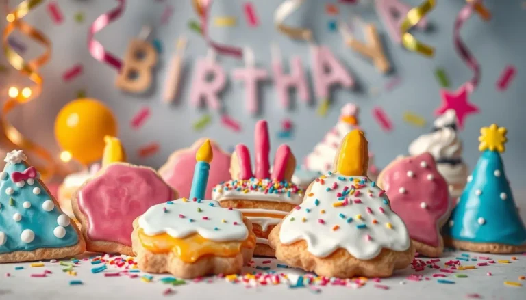 A festive collection of birthday cookies in various shapes like cakes, balloons, and party hats, decorated with colorful icing and sprinkles, set against a cheerful backdrop of confetti and streamers.