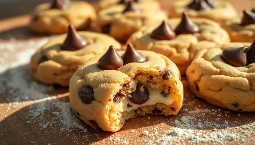 Close-up of soft chocolate chip cheesecake cookies with gooey chocolate and creamy filling