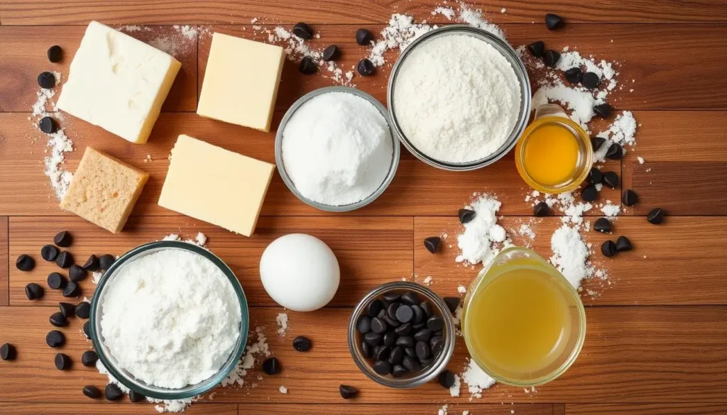 Flat lay of cheesecake cookie ingredients: cream cheese, butter, sugar, flour, chocolate chips, and egg