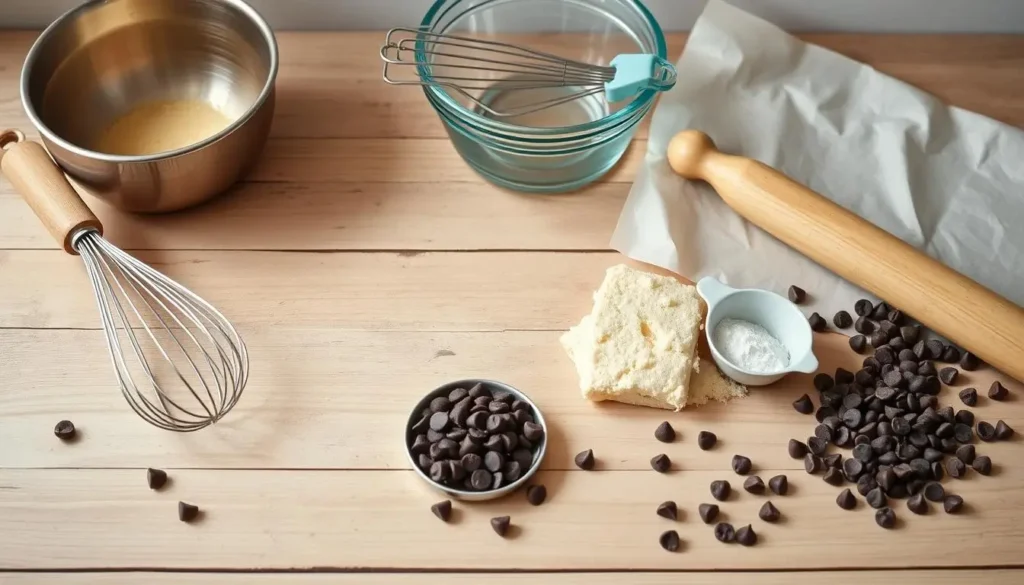 Essential baking tools for chocolate chip cheesecake cookies: mixing bowl, whisk, spatula, and more