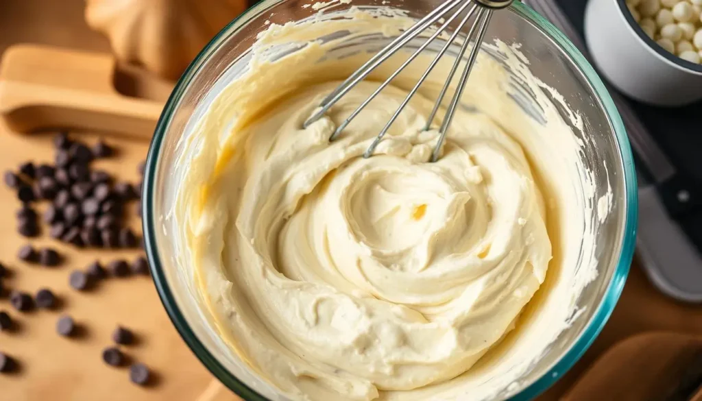 Softened cream cheese mixture in a bowl with chocolate chips and whisk, warm kitchen vibe