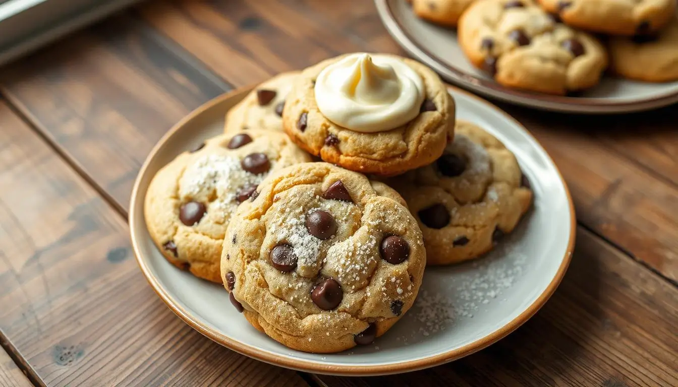 Freshly baked chocolate chip cheesecake cookies with golden edges and creamy swirl