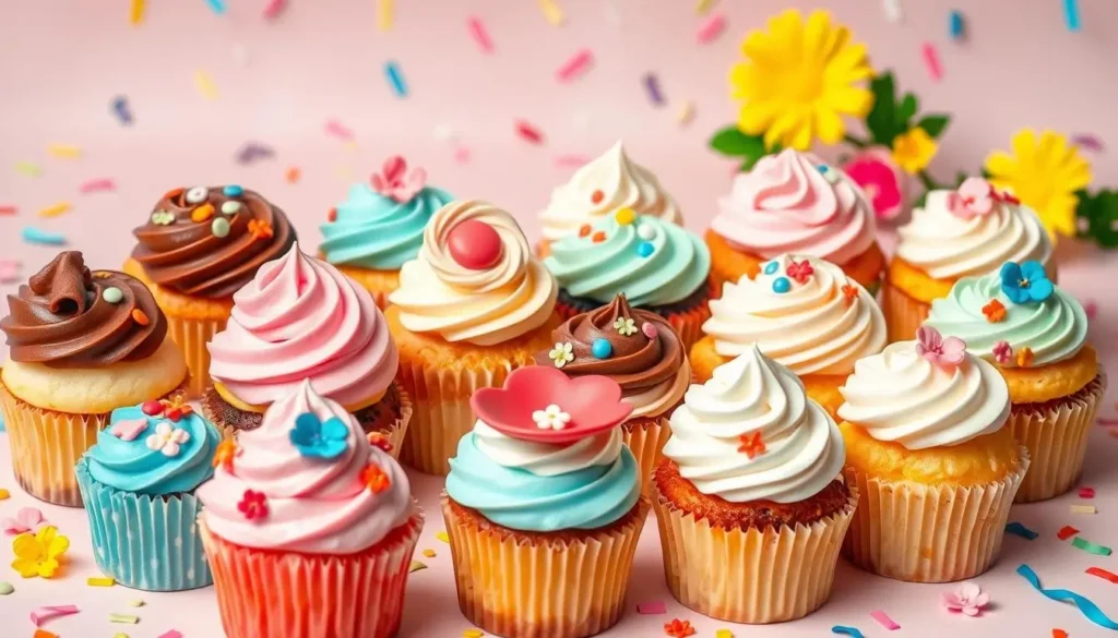 Colorful assorted cupcakes representing different flavors and decorated for various occasions like birthdays, weddings, and holidays.