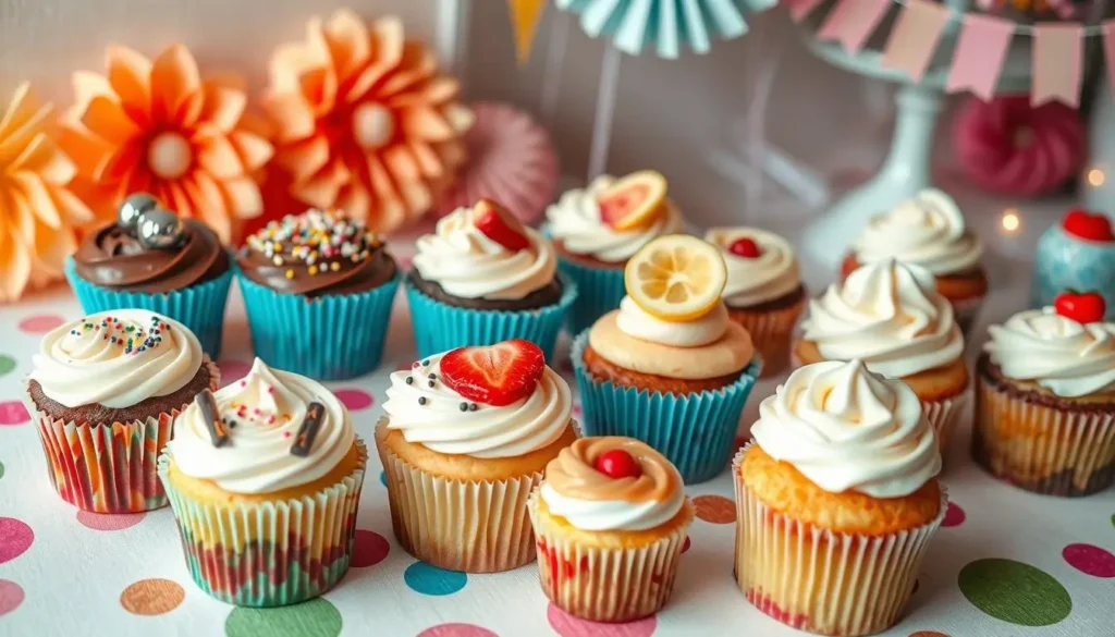 Assorted cupcakes with popular cupcake flavors like chocolate, vanilla, red velvet, lemon, and salted caramel, topped with sprinkles, fruit, and frosting.