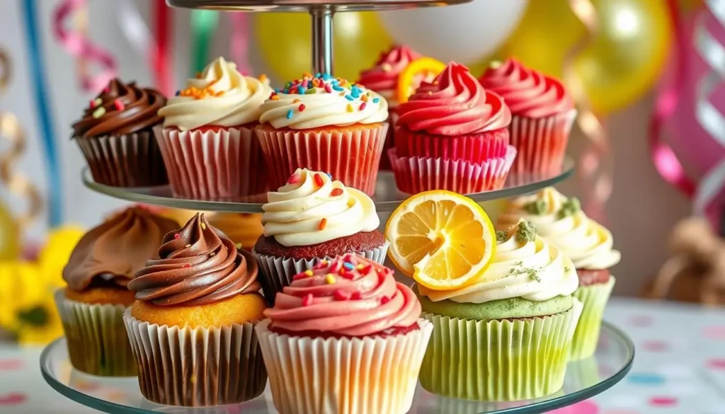 Assorted cupcakes showcasing various cupcake flavors: chocolate, vanilla, red velvet, lemon, and matcha, decorated with themed toppings.