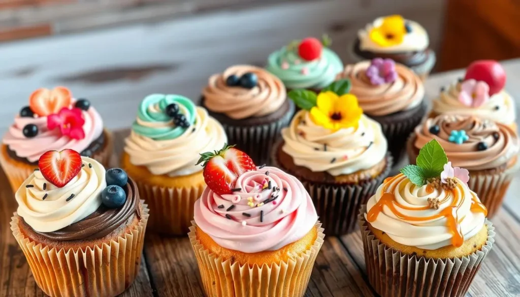 Assorted cupcakes with unique flavor combinations like lemon blueberry, chocolate mint, strawberry basil, and mocha caramel, topped with intricate frosting.