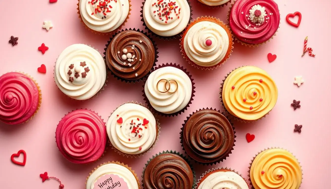 Assorted cupcake flavors with colorful frosting, including chocolate, vanilla, red velvet, lemon, and carrot, decorated for celebrations.