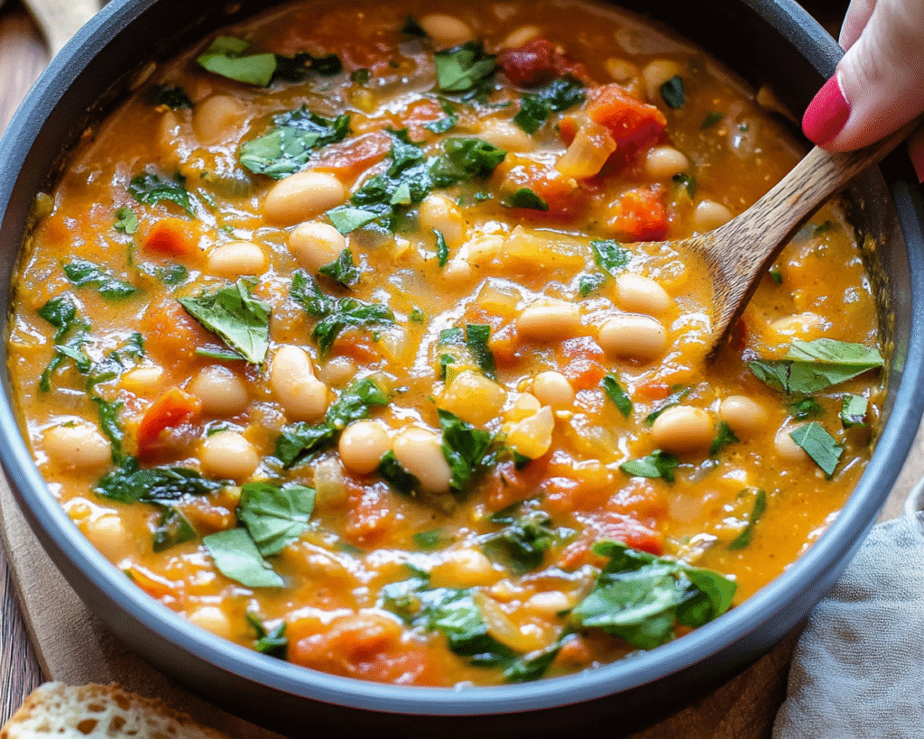 Creamy Tomato White Bean Stew with herbs and vegetables in a bowl.