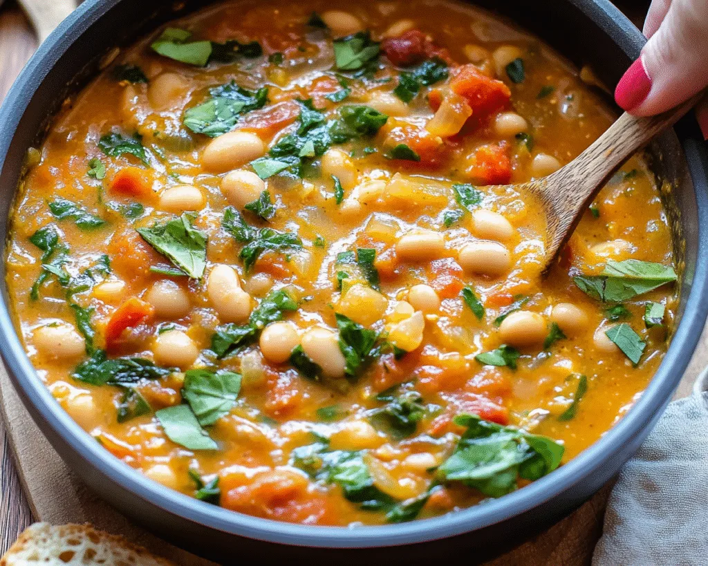 Creamy Tomato White Bean Stew with herbs and vegetables in a bowl.