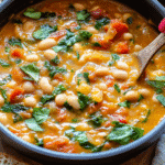 Creamy Tomato White Bean Stew with herbs and vegetables in a bowl.