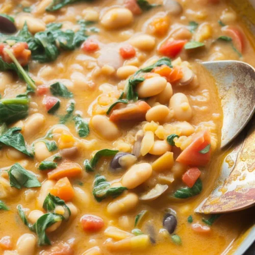 Creamy Tomato White Bean Stew with herbs and vegetables in a bowl.