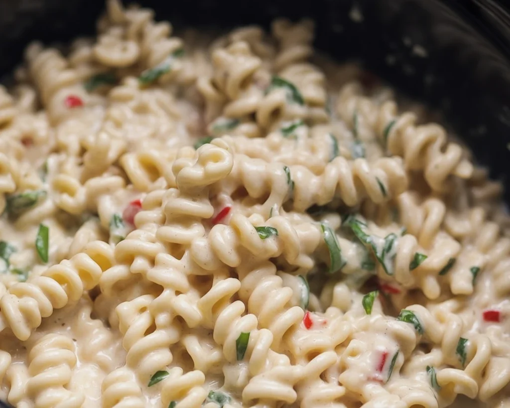 Crockpot Garlic Parmesan Chicken Pasta served with fresh herbs and Parmesan cheese.
