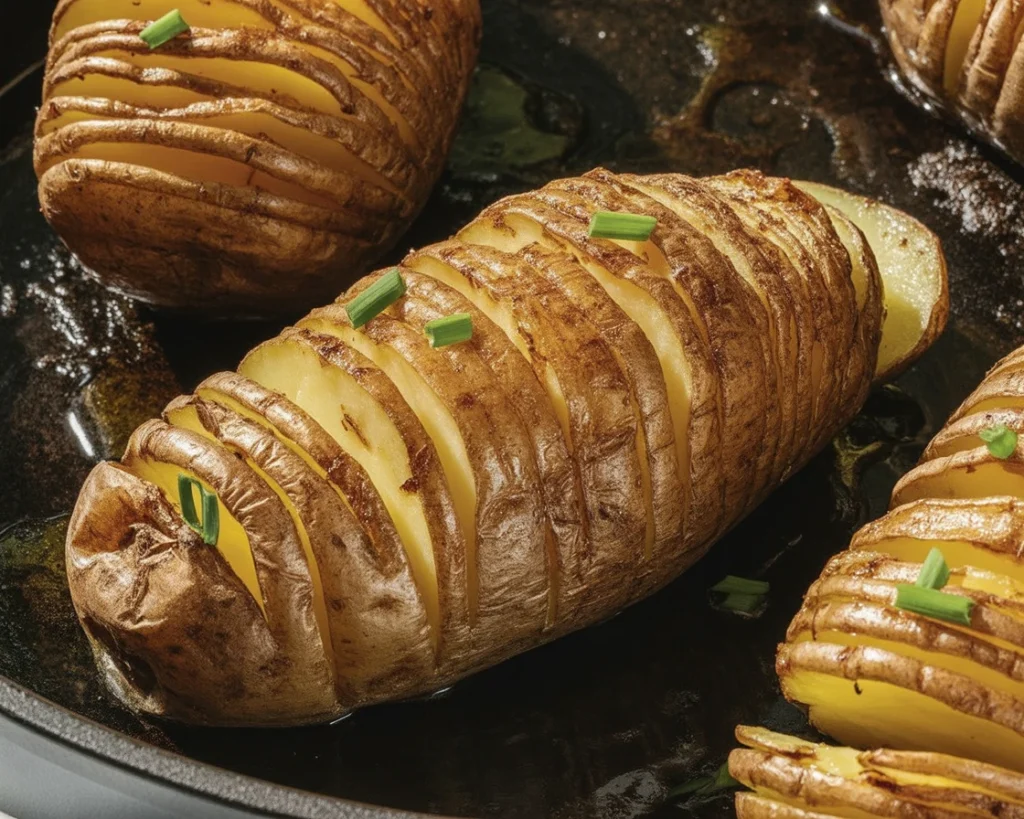 Hasselback potatoes sliced thinly, golden brown, garnished with herbs and served on a plate.