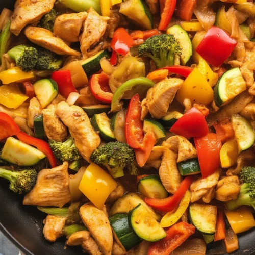 Healthy Chicken and Vegetables Skillet with colorful veggies and juicy chicken pieces.