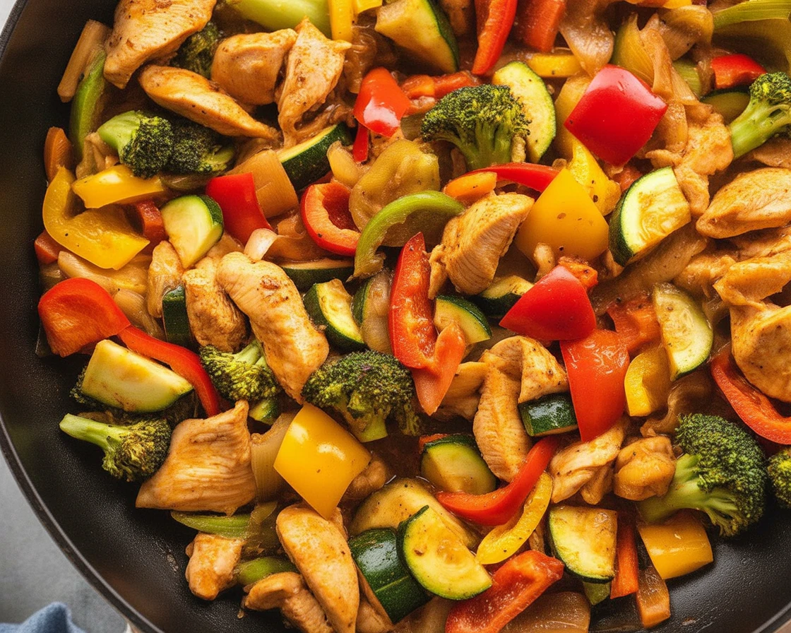 Healthy Chicken and Vegetables Skillet with colorful veggies and juicy chicken pieces.