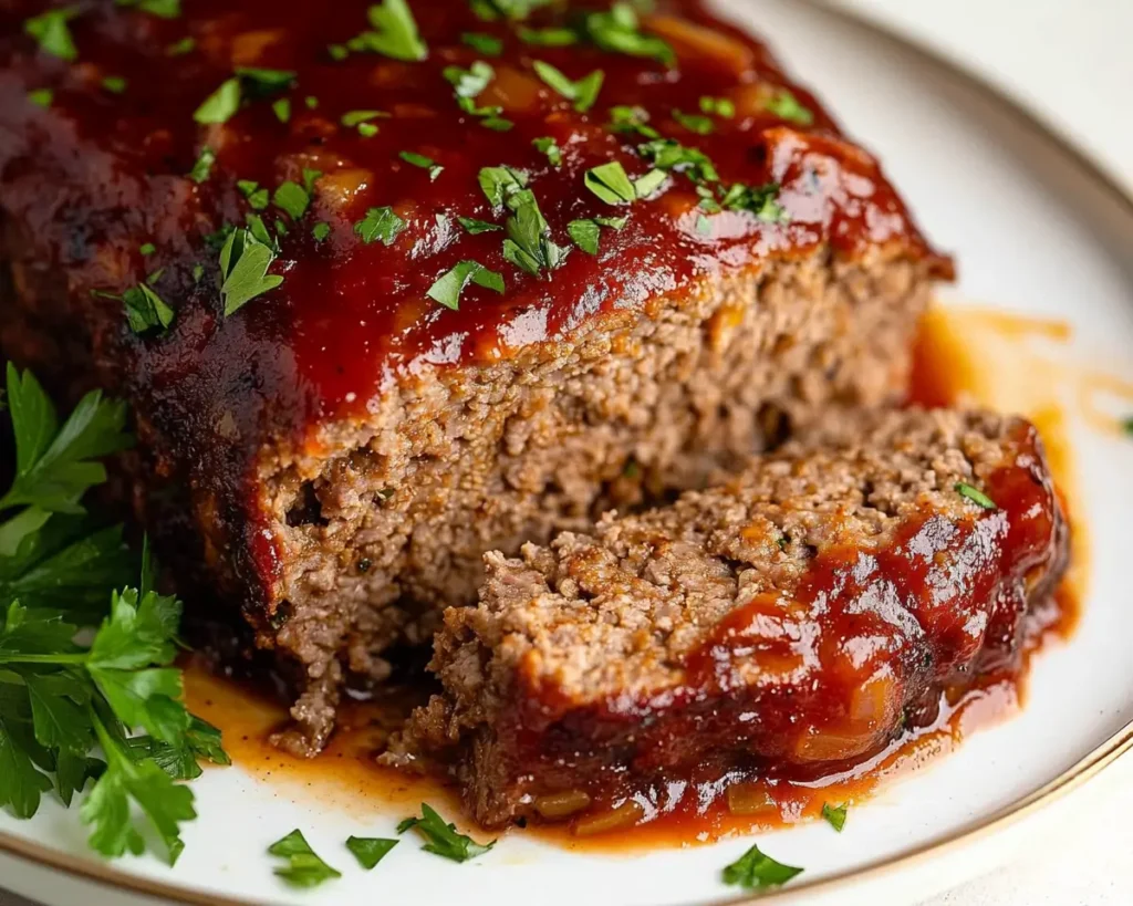 Delicious Ina Garten's meatloaf made with ground chuck, onions, and served with ketchup.