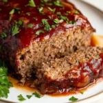 Delicious Ina Garten's meatloaf made with ground chuck, onions, and served with ketchup.