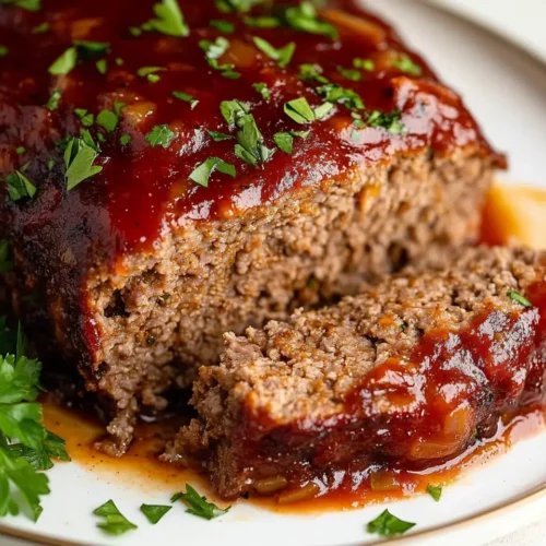 Delicious Ina Garten's meatloaf made with ground chuck, onions, and served with ketchup.