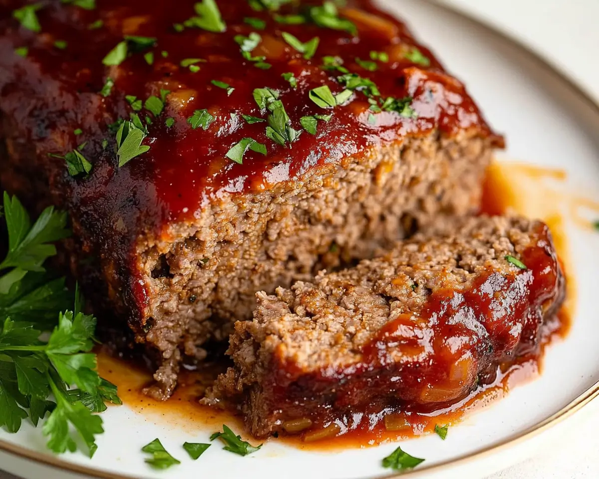 Delicious Ina Garten's meatloaf made with ground chuck, onions, and served with ketchup.