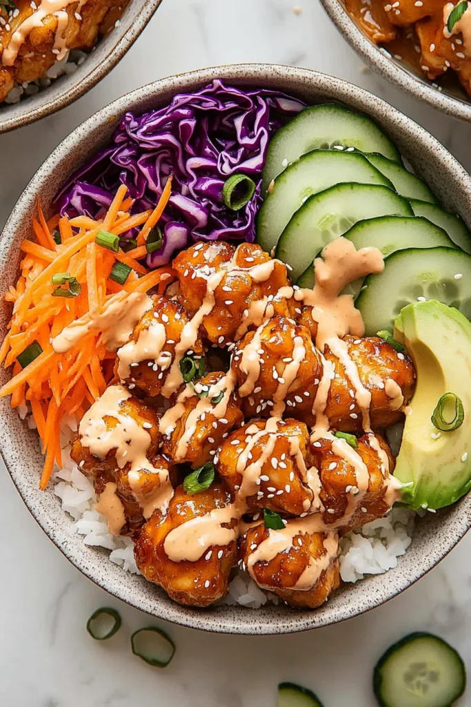 Close-up of Bang Bang Chicken Bowl with spicy mayo drizzle and sesame seeds