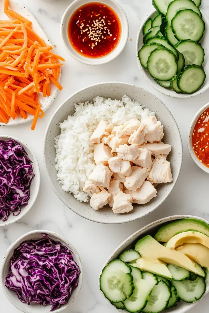 Bang Bang Chicken Bowl ingredients laid out on a white marble surface