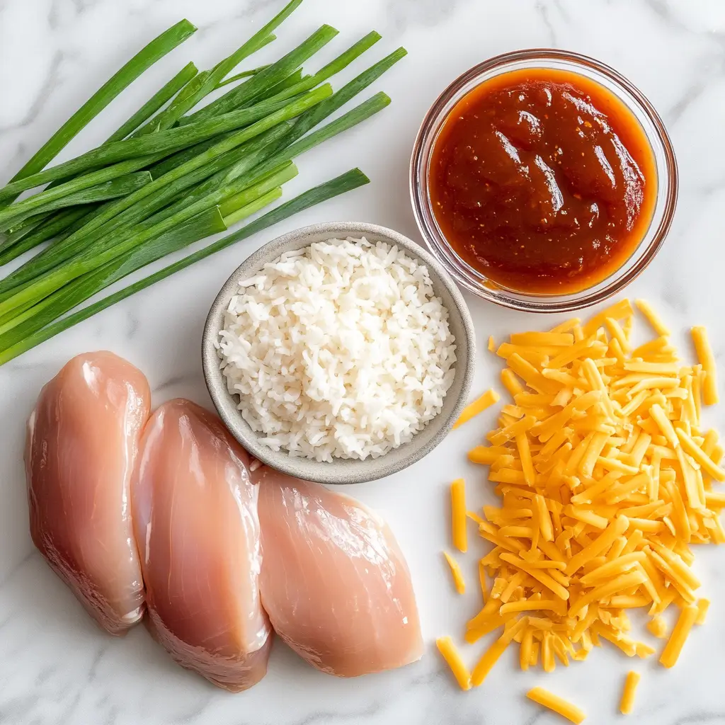 Ingredients for One-Pan Honey BBQ Chicken Rice laid out on white marble