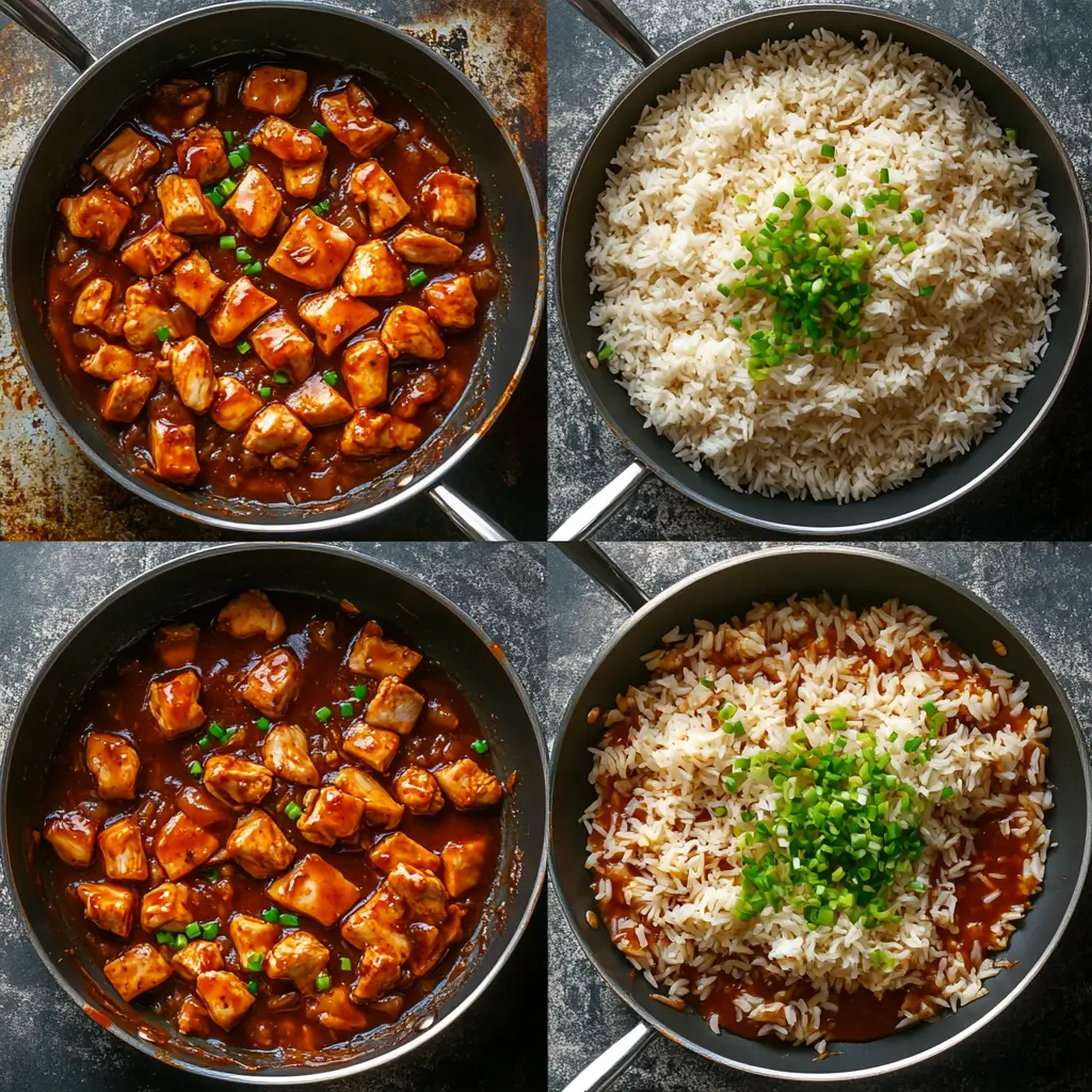 4-step collage showing One-Pan Honey BBQ Chicken Rice being cooked in a skillet